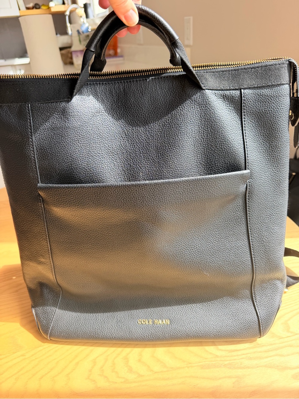 Cole Haan Black Pebbled Leather Laptop Tote with Gold Logo